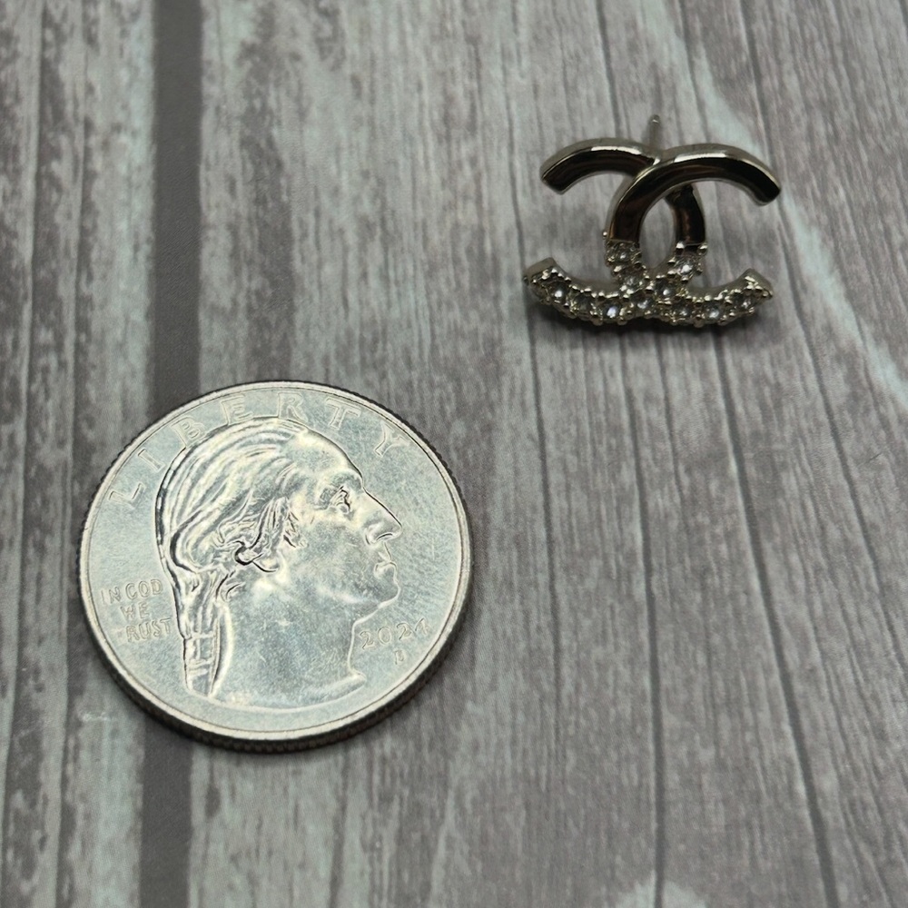 CHANEL Silver CC Rhinestone Accent Pierced Stud Earrings + Box & Bag - Picture 15 of 15